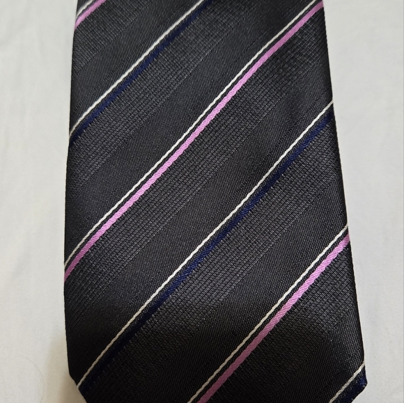 Hugo BossNWOT silk tie Charcoal gray, purple and navy/white thin stripe GORGEOUS - Picture 4 of 7